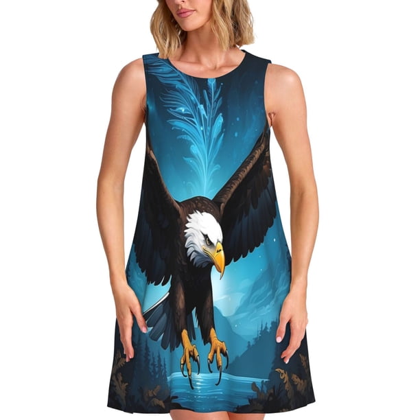 Disketp Night Sky Forest Bald Eagle para Vestido sin Mangas para Mujeres, Vestidos de Verano para Mujeres, Casual y Holgado para la Playa