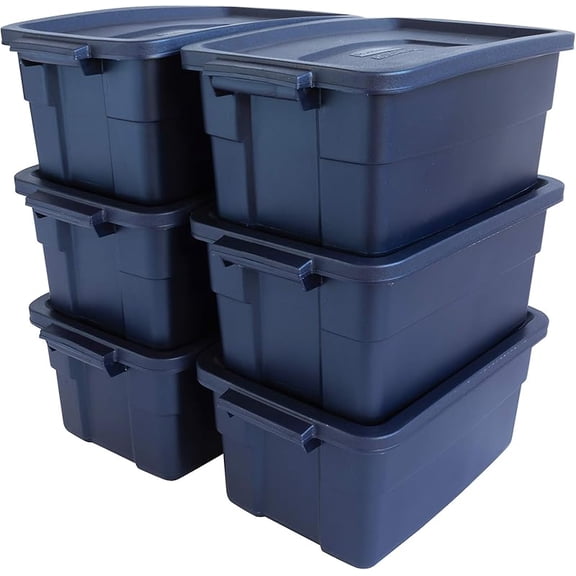 Roughneck Tote 3 Gal, 6 Pack, Made in USA, Dark Indigo Metallic, Rugged Plastic Stackable Storage Bins with Lids and Handles
