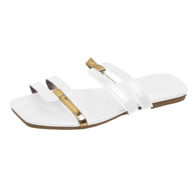Women's Slip On Flat Sandals Fashion Square Open Toe Slides Lightweight Non Slip Color Blocking Slippers for Summer White Size 6