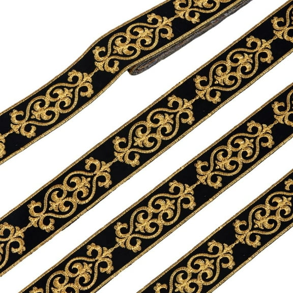 4.16 Yards Floral Trim Jacquard Ribbon 1-3/4 inch Black Gold Hot Adhesive Floral Trim Iron on Sew on Embroidery Woven Ribbon
