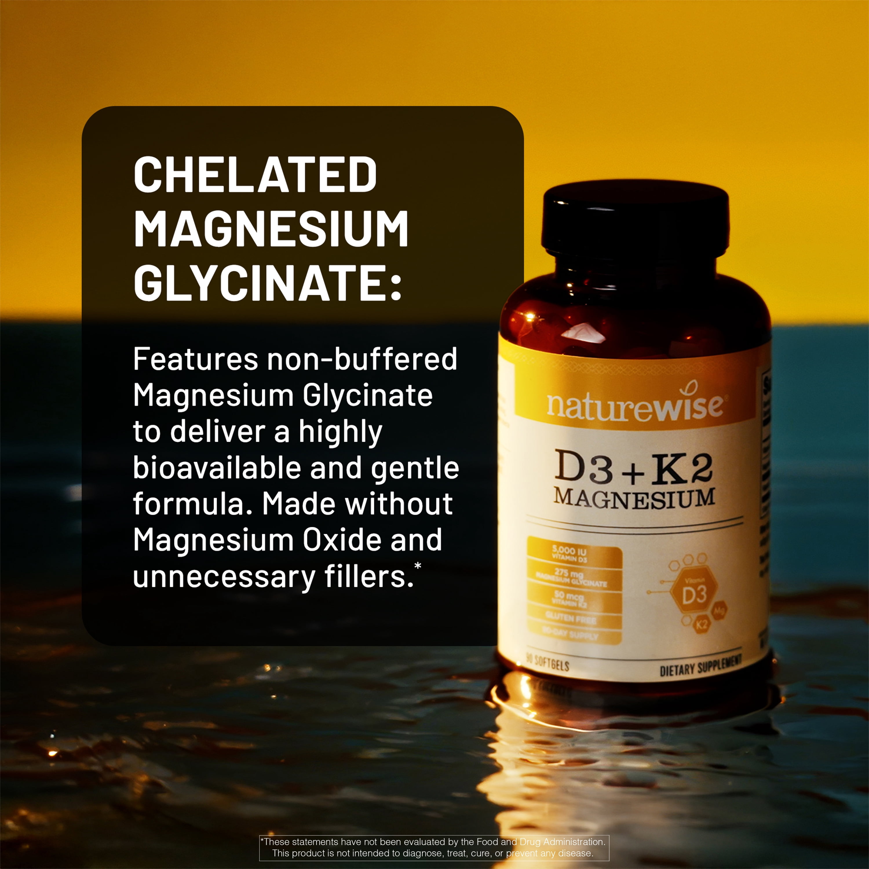NatureWise Vitamin D3 K2 Magnesium Glycinate 275mg - Extra Strength Vitamin D3 5000IU + K2 50mcg - High Absorption Chelated Magnesium - Bone Support - Non-GMO, USA Manufactured - [90 Day Supply]