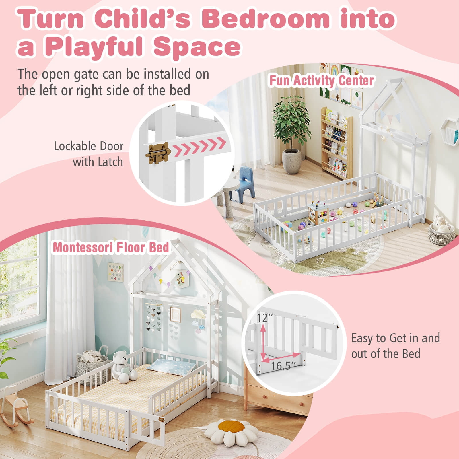 Costway Twin Size House Floor Bed with House-shaped Headboard Clothes Hanger without Slats White