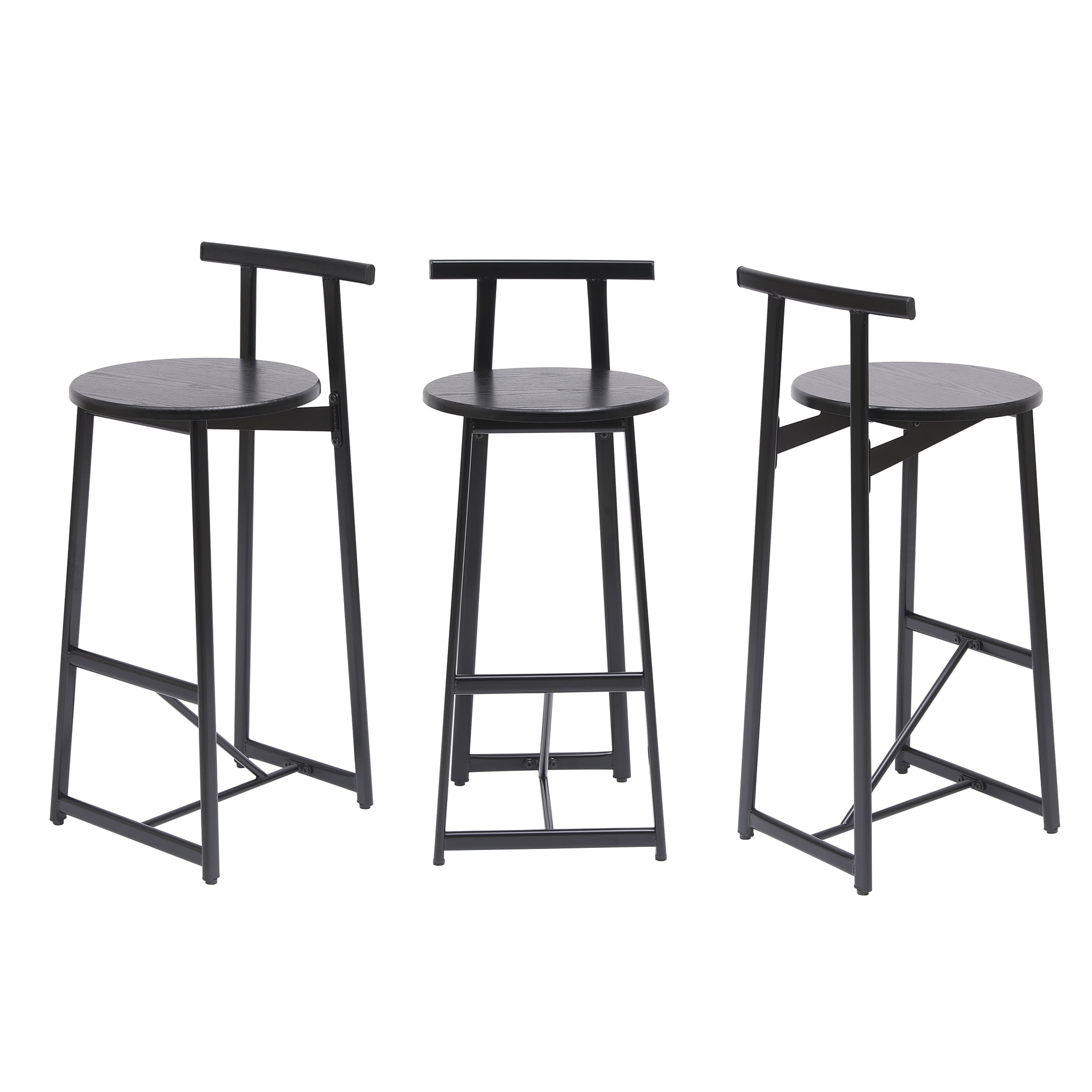 Wooden Round Bar Stools Set of 3 with Footrest 27 Inch Counter Height MDF Seat and Black Metal Frame for Kitchen Island Dining