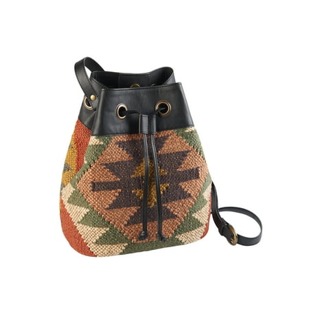 - Catalog Classics Women's Kilim Drawstring Bucket Bag - Wool & Leather Hobo Style Purse Handbag