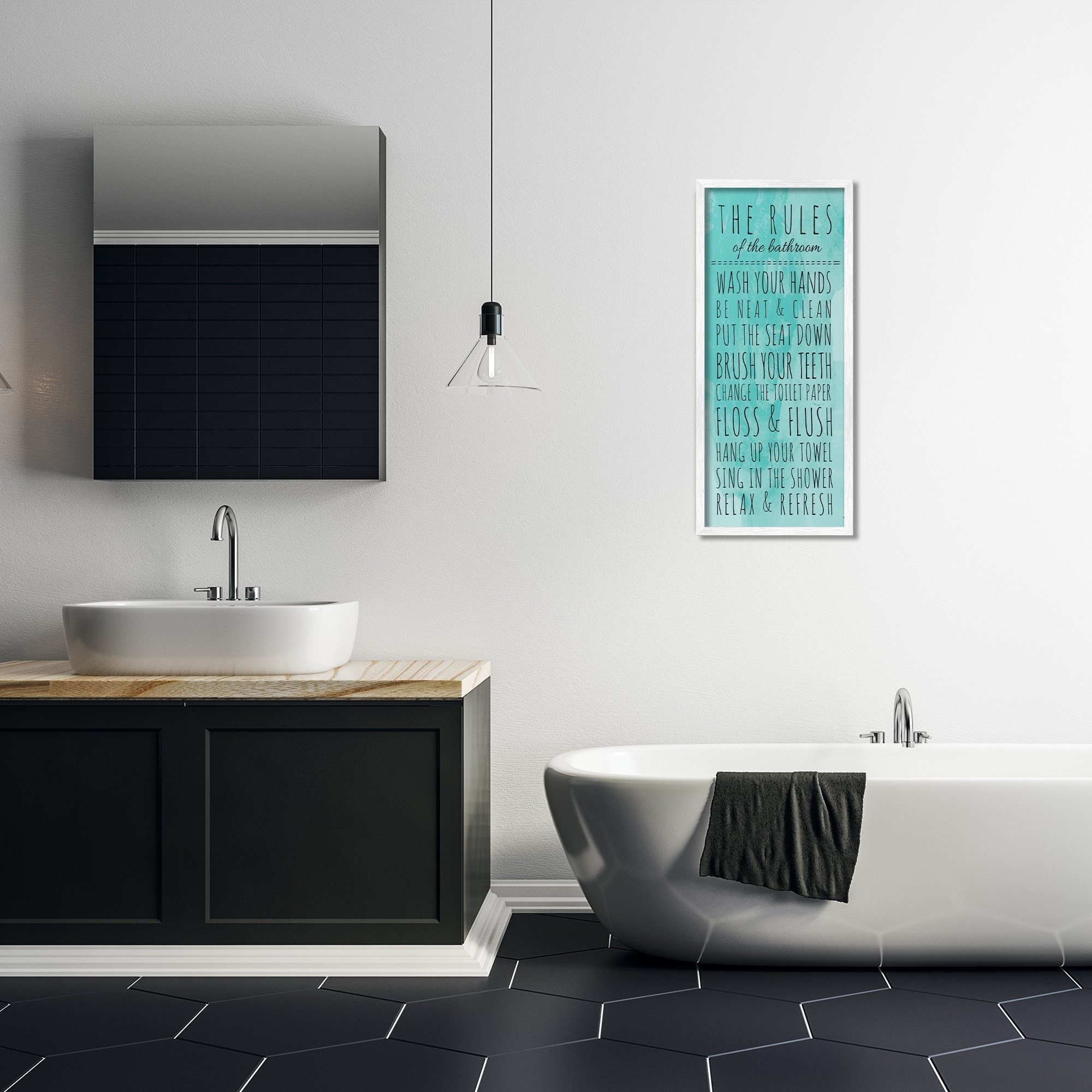 Stupell Industries Bathroom "The Rules" Turquoise , 13 x 30,Design by Anna Quach