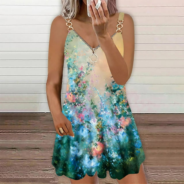 LOVZFMLL Dresses Women Casual Draw Back Printed Sleeveless Ruffle Lace-up Cold Shoulder Dress