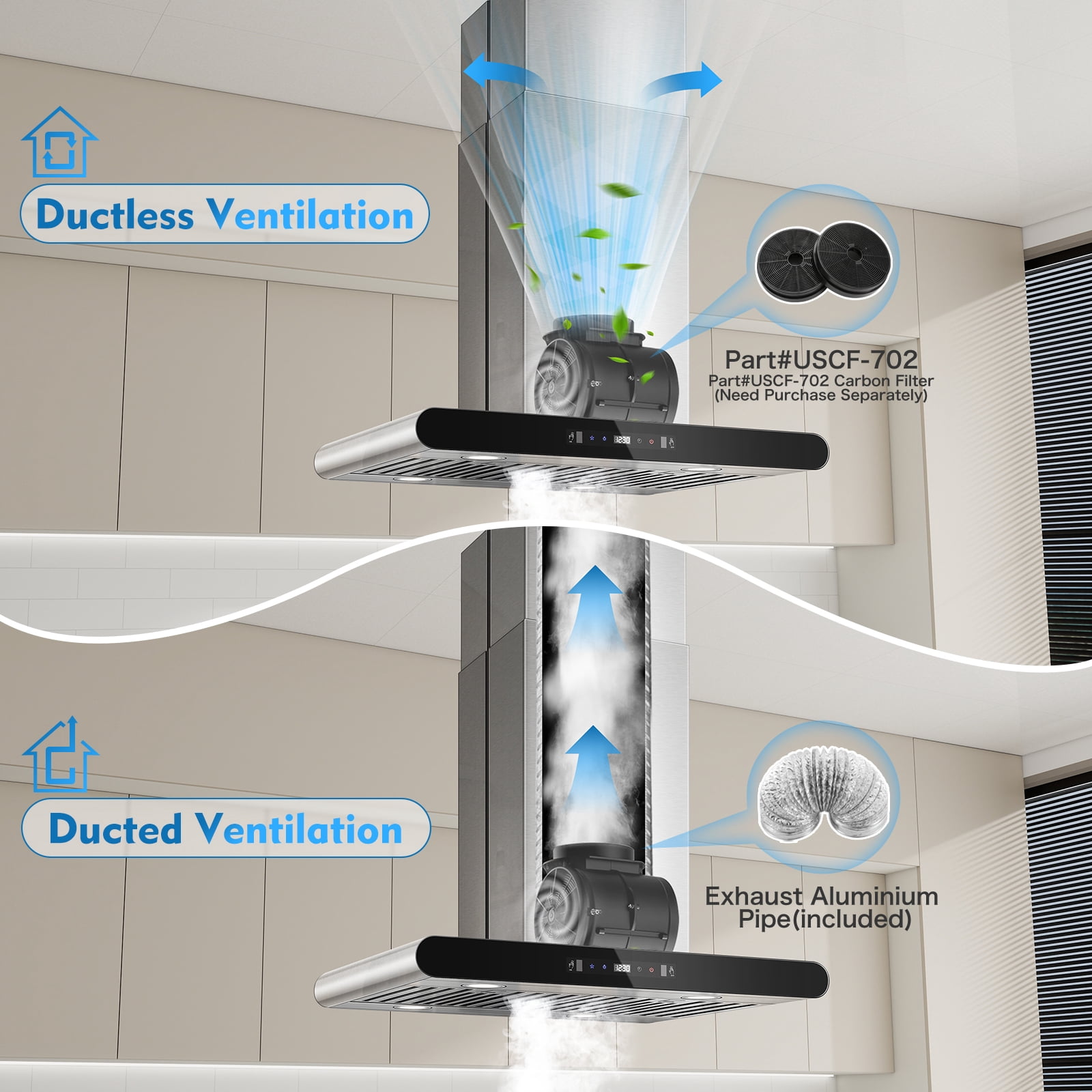 Joeaonz 30" Ventless Island Range Hood, Stainless Steel, 700 CFM, LED Light, Gesture/Touch/Remote Control