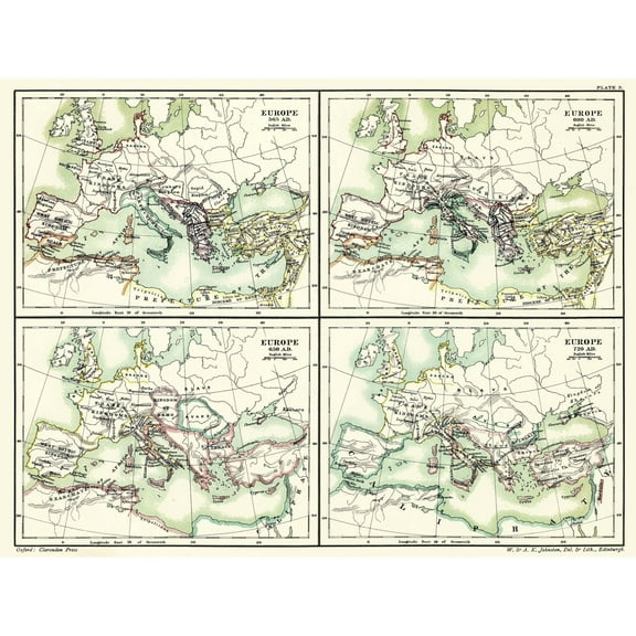 Historic Map - Europe 565 AD 720 AD - Poole 1902 - Vintage Wall Art