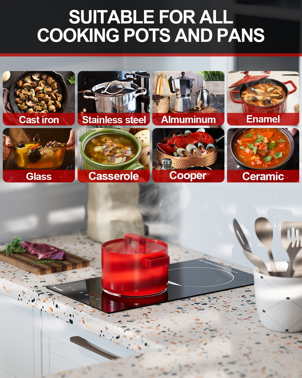 TOPWISH 12" 2-Burner Electric Cooktop, Built-In Ceramic Stove Top, 1800W, 110–120V Plug-In, Touch Control, 9 Power Levels, Timer, Child Lock & Overheat Protection