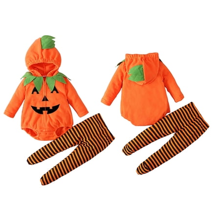 Baby Girl Boy Halloween Pumpkin Zip up Hoodies Romper Jumpsuit Cotton with Hat Set First Halloween Baby Girl Outfit Halloween Girl 0-6 Months