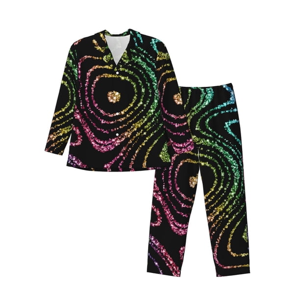 Fotbe Rainbow Glitter Pijama de Hombre con Estampado de Manga Larga, Conjunto de 2 Piezas, Ropa de Dormir Suave y Cómoda con Bolsillos-Large