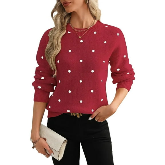 Women'S Polka Dots Sweaters Long Sleeve Round Neck Knitted Pullover Tops Red L