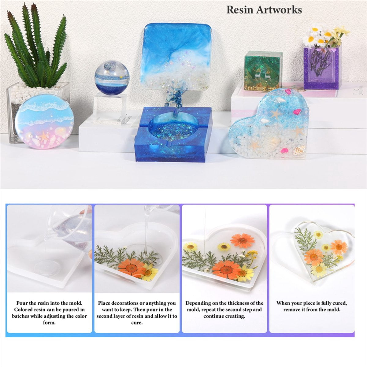 ckepdyeh Resin Molds Silicone Kit 12PCS, Epoxy Resin Molds, Resin Mold Including Pen Container, Tray, Love, Round resin molds