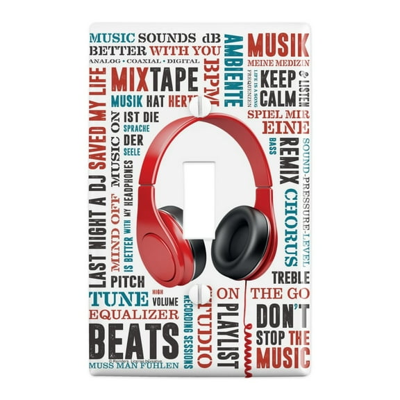 Headphones Music Terms Words Collage Plastic Wall Decor Toggle Light Switch Plate Cover