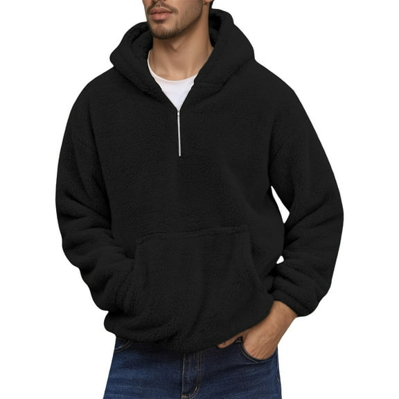 XIAOCHA Mens Hoodies Winter Warm Long Sleeves Pullover Half Zip Up Hoodie Loose Fit Kangaroo Pocket Solid Color Hooded Sweatshirt Black