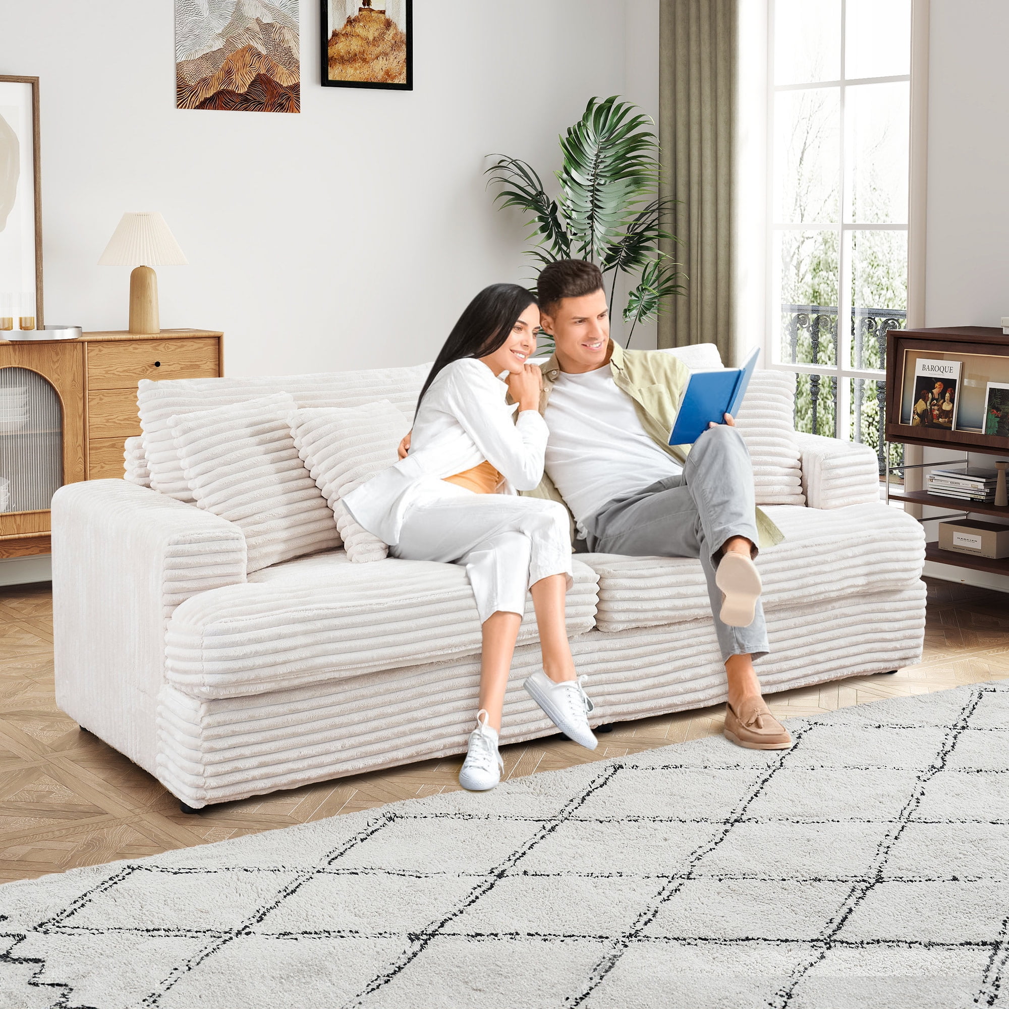 Dinosisco Corduroy Sofa Couch, Upholstered 3-Seater Deep Seat Couch for Living Room, White