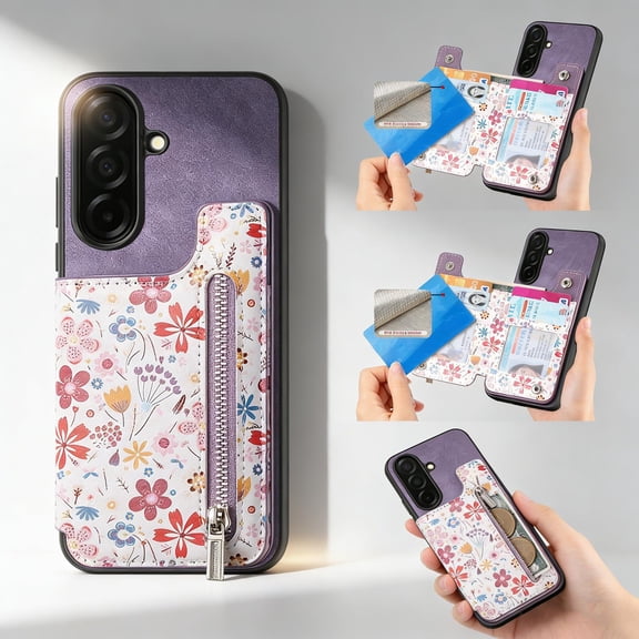 Floral Flower Pattern Zipper Wallet Case for Samsung Galaxy A37 with Card Slots & Kickstand & RFID Blocking, Slim PU Leather Flip Case for Women Girls, Shockproof Magnetic Car Mount Cover, Purple