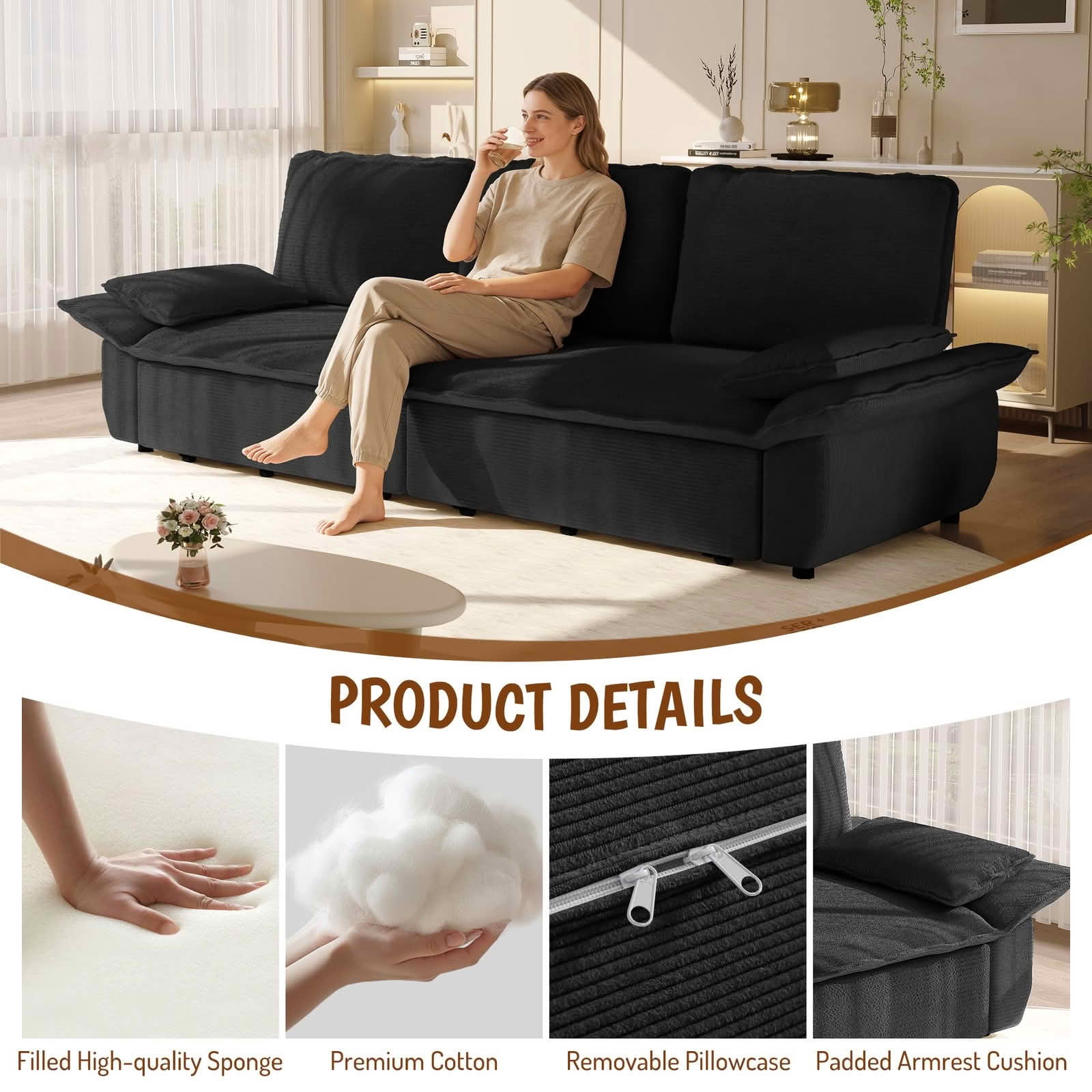 MAYEERTY Modern 73.2‑Inch Queen‑Size Pull‑Out Sleeper Sofa Bed, 3‑in‑1 Multi‑Functional Convertible Velvet Loveseat Couch for Living Rooms and Bedrooms