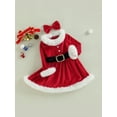 thumbnail image 2 of Bagilaanoe Christmas Toddler Kids Girls Velvet Dress Plush Patchwork Long Sleeve A-line Princess Belt and Bow Headband Xmas Suit, 2 of 6