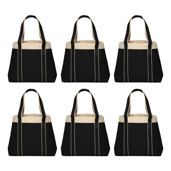 6 Donna Polyester Tote Bags Set - Two Tone, Reinforced Straps, Wide Gusset, Everyday Use - Black