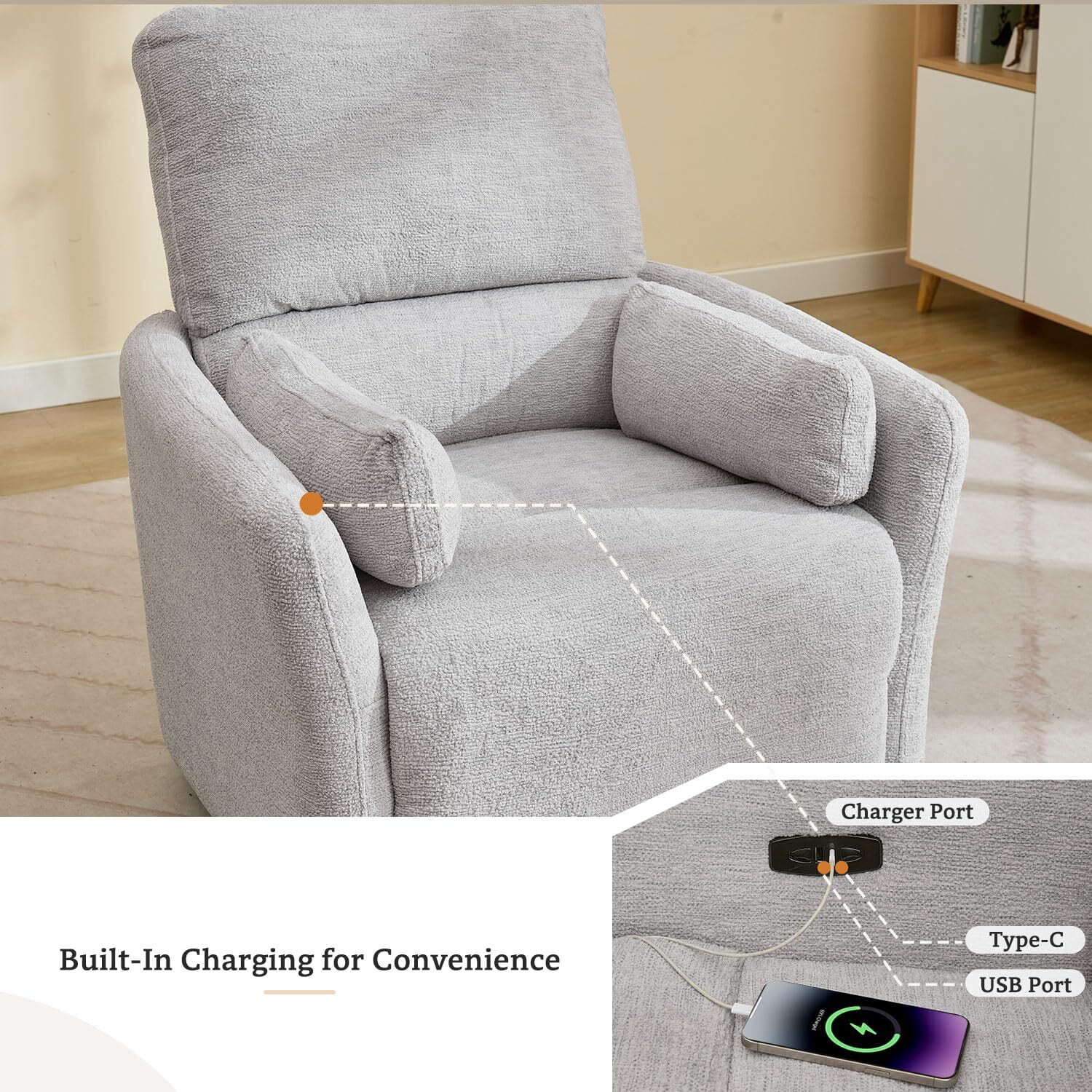 Power Swivel Rocker Recliner Chair with USB & Type-C Ports,Electric Glider Recliner with 2 Pillows,Suede,Gray