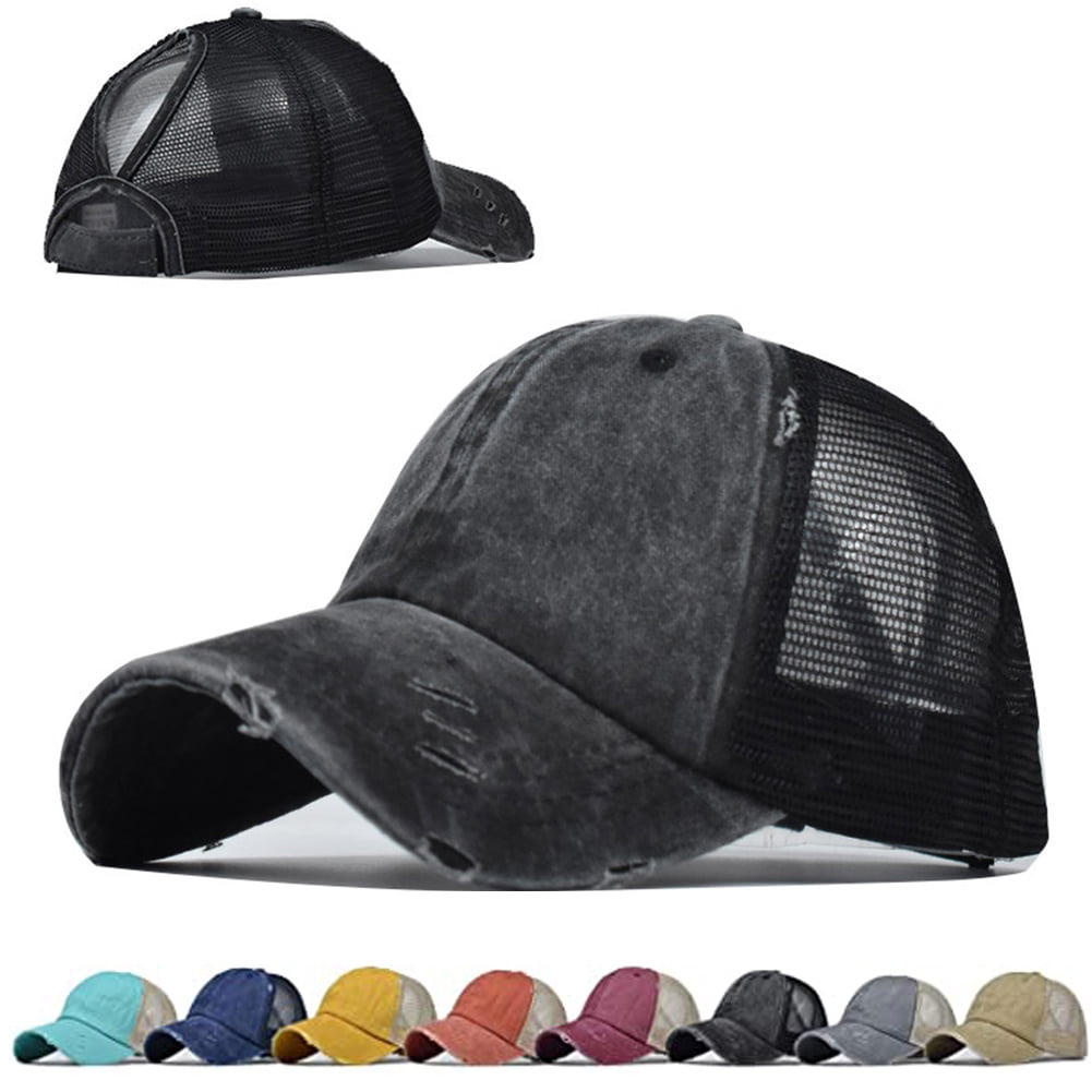 Ponytail Baseball Cap For Women Gray Adjustable Messy Bun Hat Athletic Trucker Mesh Ponycaps Plain Baseball Ponytail Hat