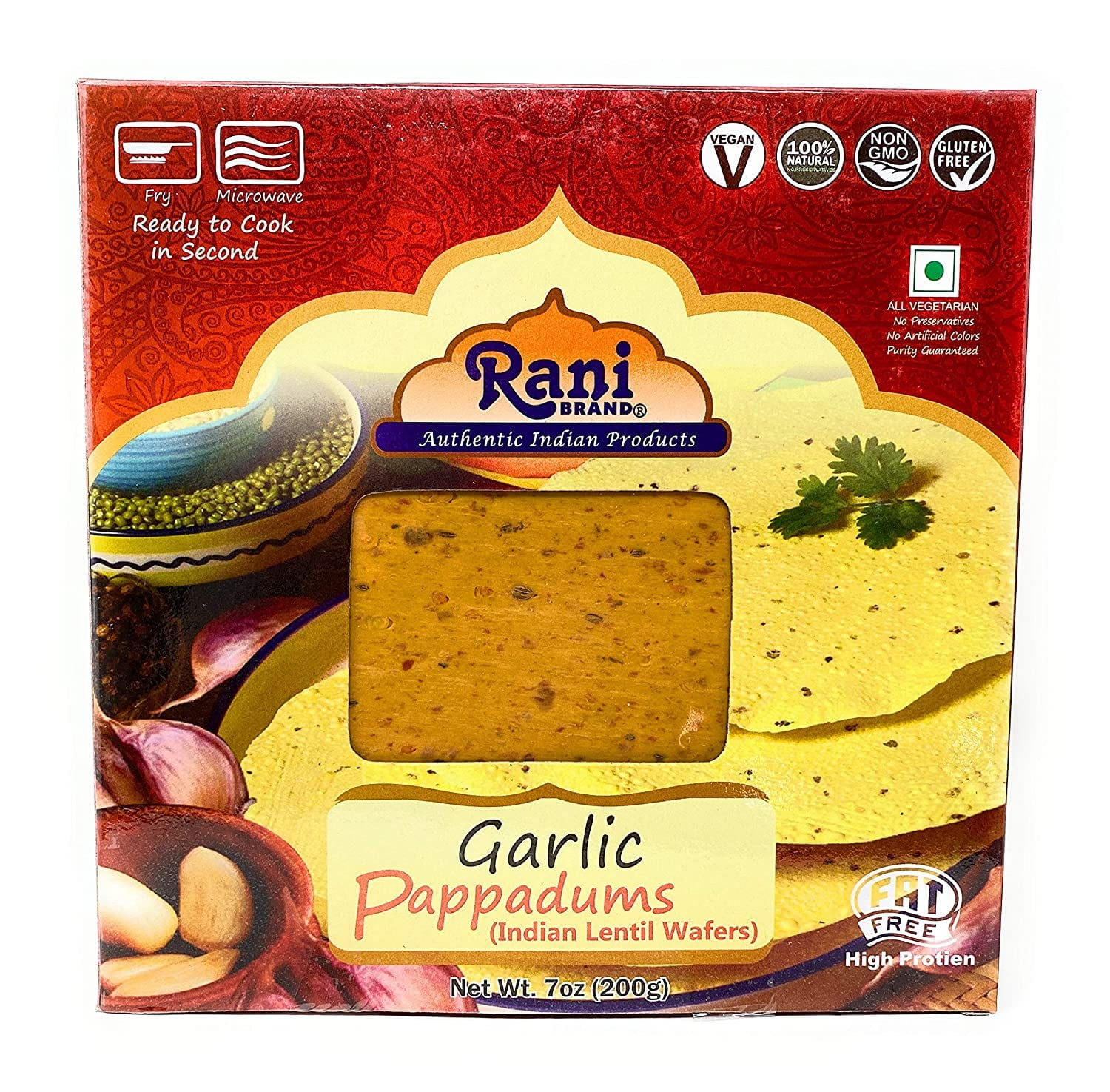 Rani Pappadums (Indian Lentil Wafer Snack) Garlic Papad 7 ounce (200g) Approximately 15pc, 7 inches ~ All Natural, Gluten Friendly | NON-GMO | Vegan | Indian Origin