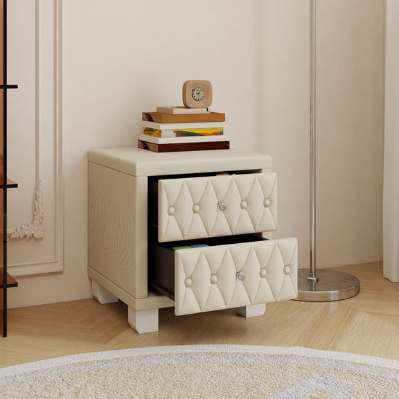 Elegant Velvet Nightstand with 2 Drawers and Crystal Handle, Storage Bedside Table with Button-Tufted, Beige