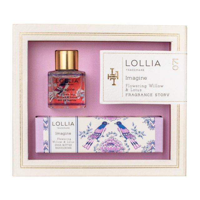 Juego de regalo LOLLIA Wish Fragrance Story - .16 fl. onz. Agua de perfume y 0,33 oz. Crema de manos Petite Treat - Pastilla azucarada - Crema de manos de manteca de karité para mujeres Loción de mano