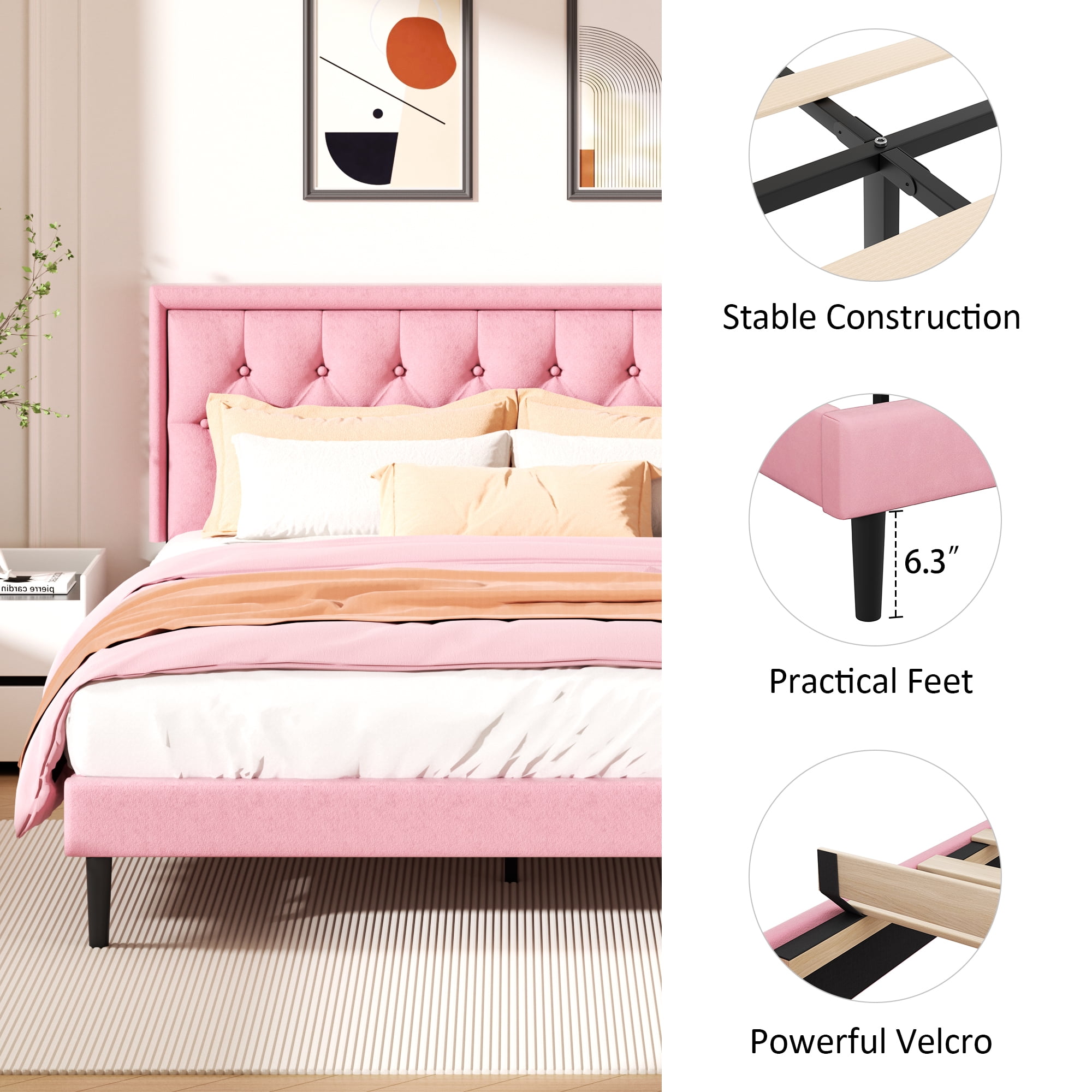 King Size Platform Bed Frame with Upholstered Velvet Button Tufted Headboard, Mattress Foundation with Wooden Slat Support, No Box Spring Needed, Easy Assembly, Noise Free,Pink
