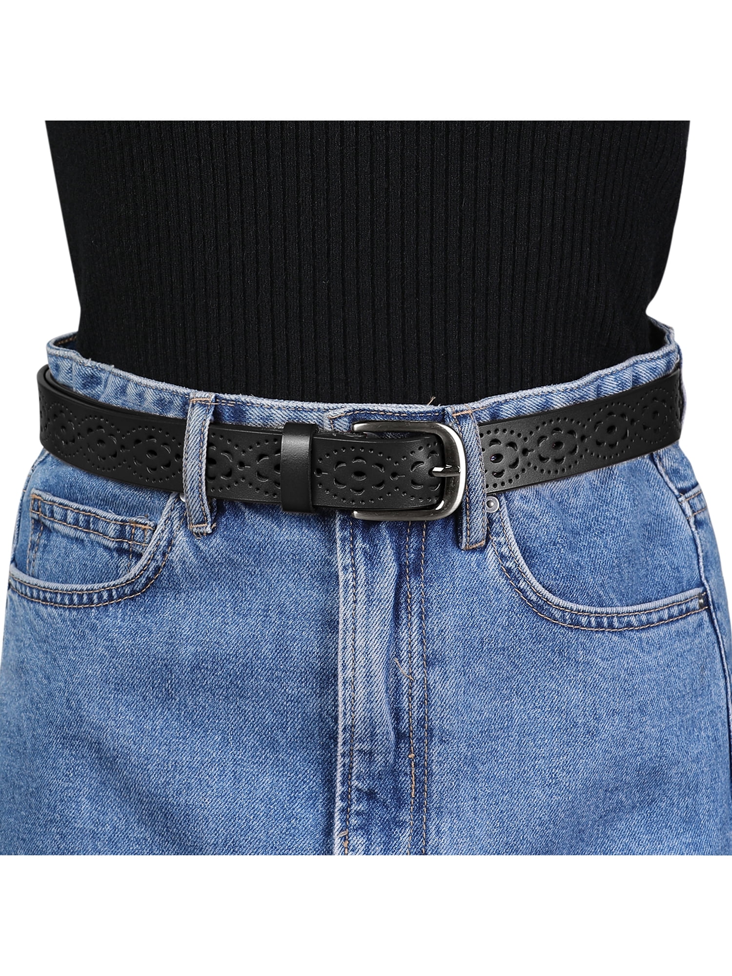 Unique Bargains Women's Vintage Hollow Floral Faux Leather PU Belt with Buckle Black