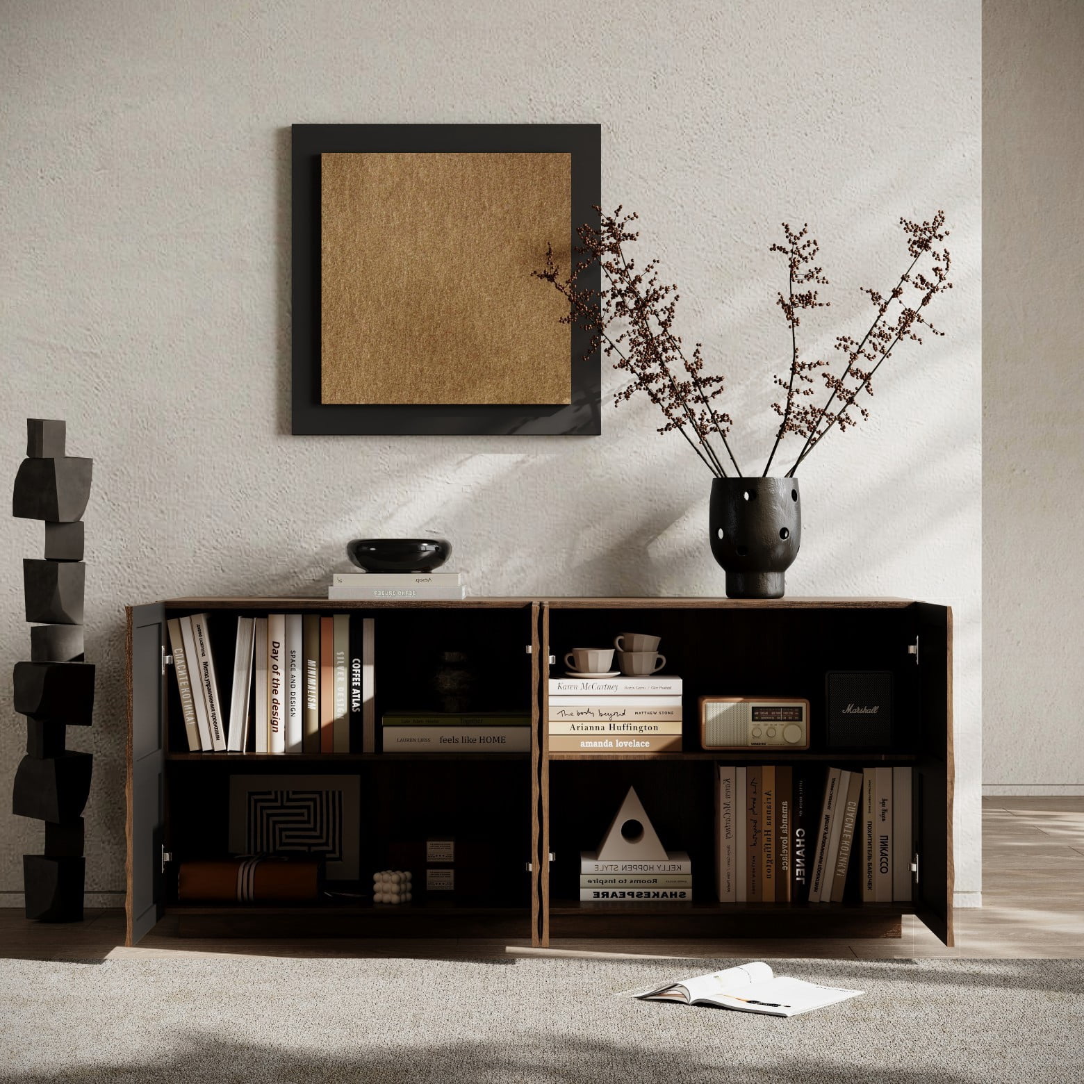 Modern 59" Buffet Cabinet with Storage, 4-Door Wave Textured Sideboard, Black Accent Console Table, Floor Standing Credenza for Living Room Kitchen, Walnut