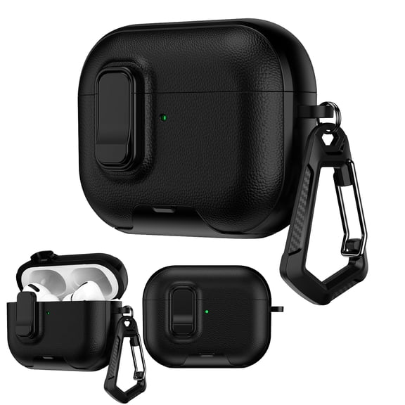 Sanwo Compatible with AirPods Pro 3 (2025) Case, Locking Cover with Kickstand, Faux Leather, Shockproof, Carabiner Clip, Black