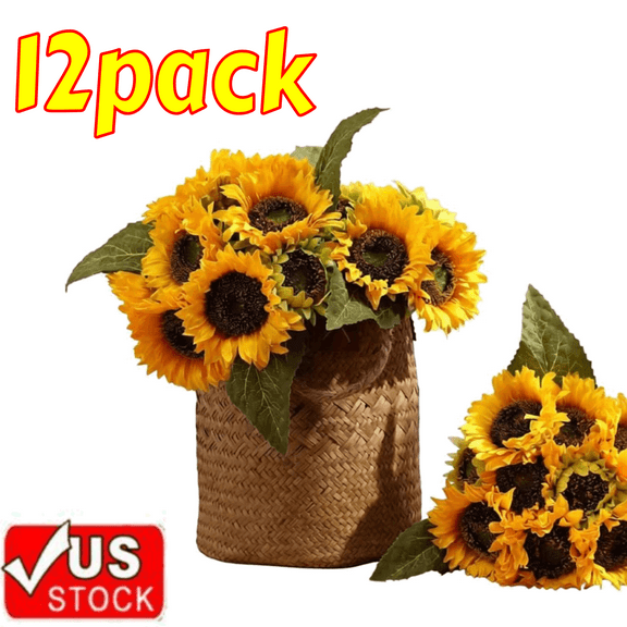 Artificial Sunflowers 4.3-inch DIY-Ready Long-Stem Silk Sunflowers Perfect for Weddings, Birthdays, Parties, Outdoor & Indoor Decor 12-Piece Set