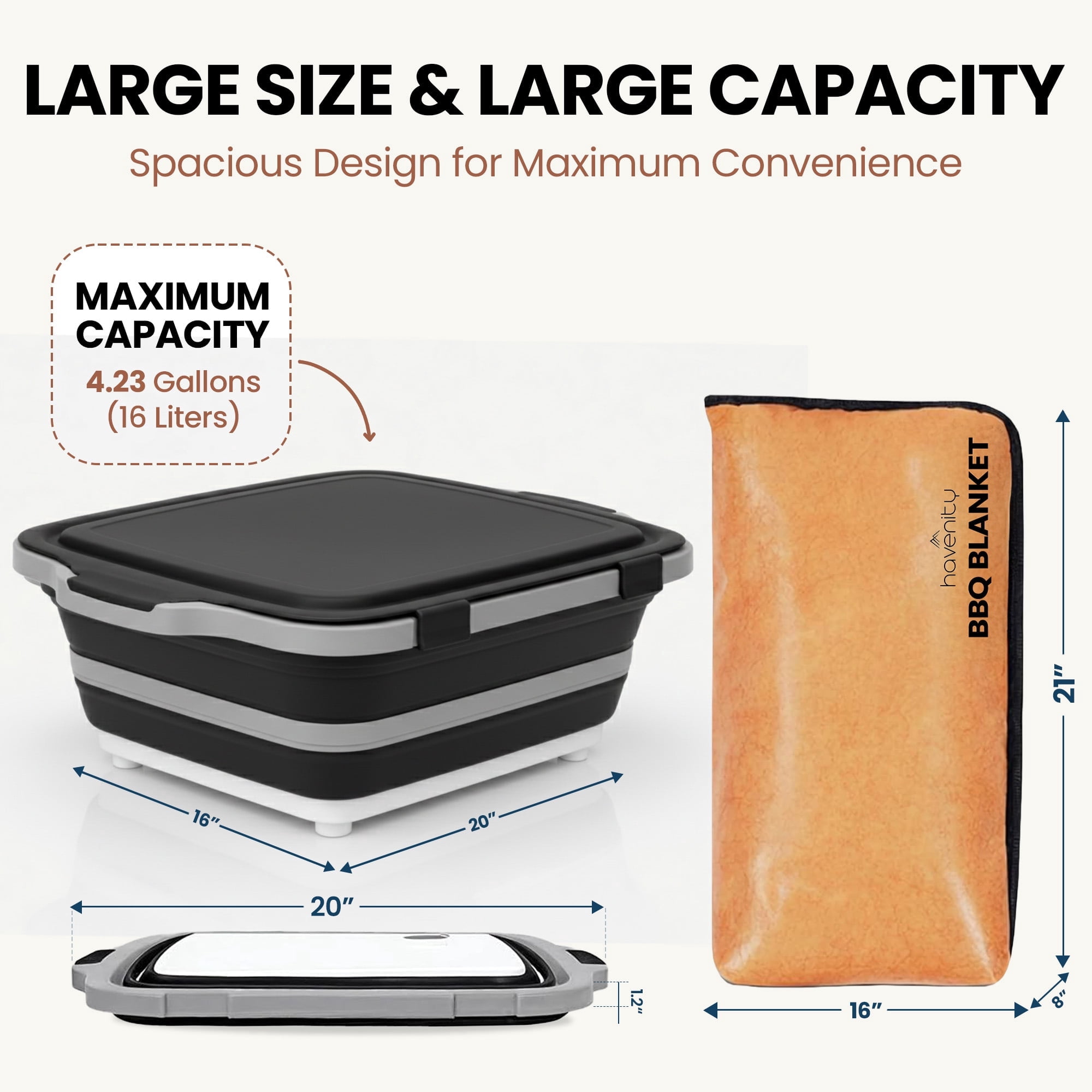 Havenity BBQ Prep Tub 16L - Multifunctional Collapsible Camping Cutting Board with Upgraded Locking lid, Meat Storage Container for Meal Prep, XL with BBQ Blanket