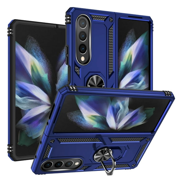 Jiahe Cover For Samsung Galaxy Z Fold4,Magnetic Armor Shockproof Metal Rotating Ring Stand Hard PC Case Cover,Blue