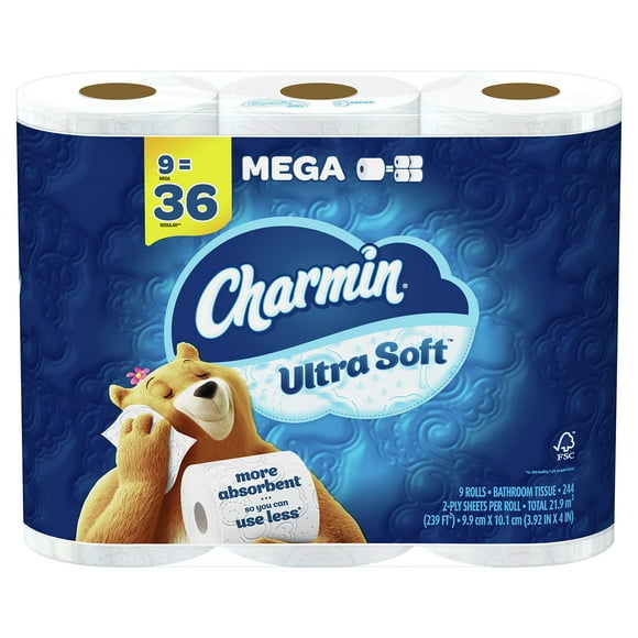 Charmin Ultra Soft Toilet Paper, Mega Rolls, 9 Rolls = 36 Regular Rolls, 2-Ply, Cushiony Soft, 2X More Absorbent, Clog-Safe, Septic-Safe