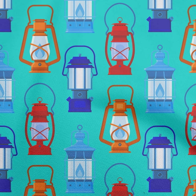 oneOone Polyester Lycra Turquoise Blue Fabric Retro Lantern Sewing Craft Projects Fabric Prints By Yard 56 Inch Wide