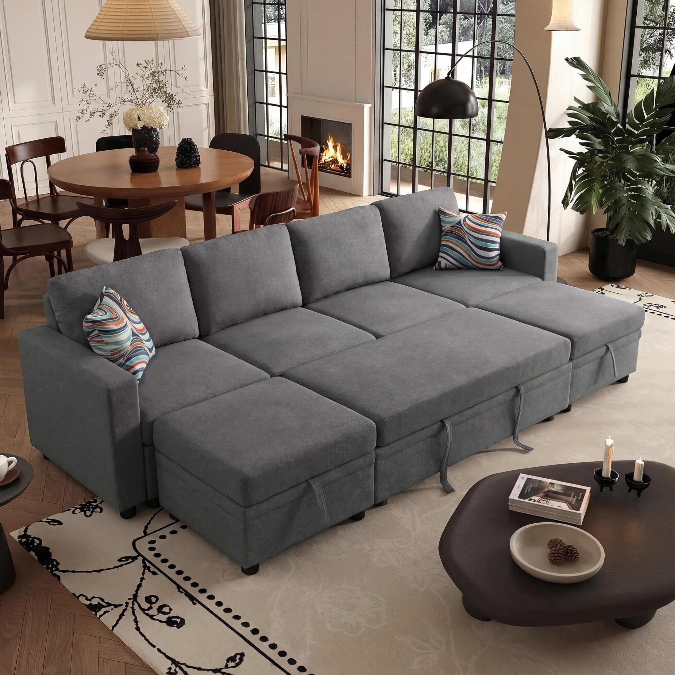 AENKYO 102'' U-Shaped Sectional Sofa Bed, Linen Pull Out Sleeper Couch with Storage Seats for Living Room，Gray