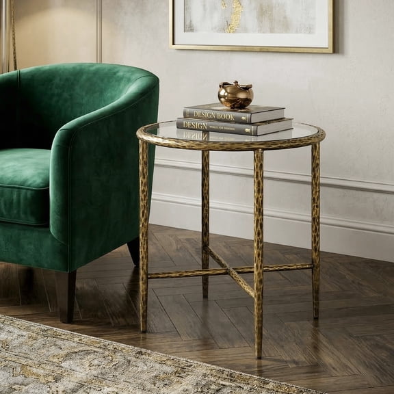 Lalia Modern Tempered Glass Top Round End Table with Forged Metal Frame, Matte Gold