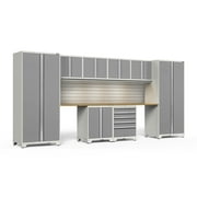 NewAge Products Pro Series Platinum 10 Piece Cabinet Set, Heavy Duty 18-Gauge Steel Garage Storage System, Slatwall / LED Lights Included