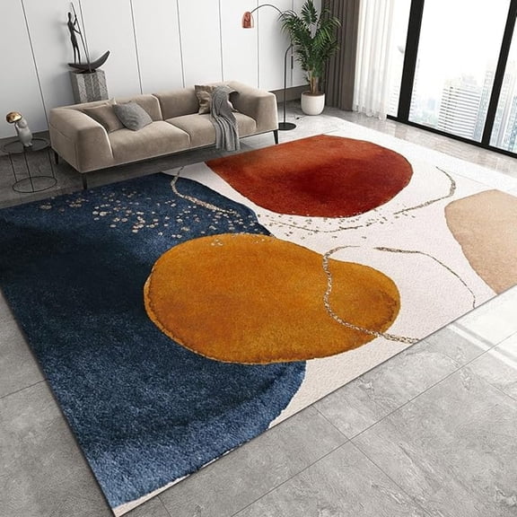 Mid Century Terracotta Abstract Geometry Area Rug, Burnt Orange Navy Block Gold Line Print Large Rugs, For Room Sofa Living Room Mat Bedroom Home Decor Floor Mats 1x2ft