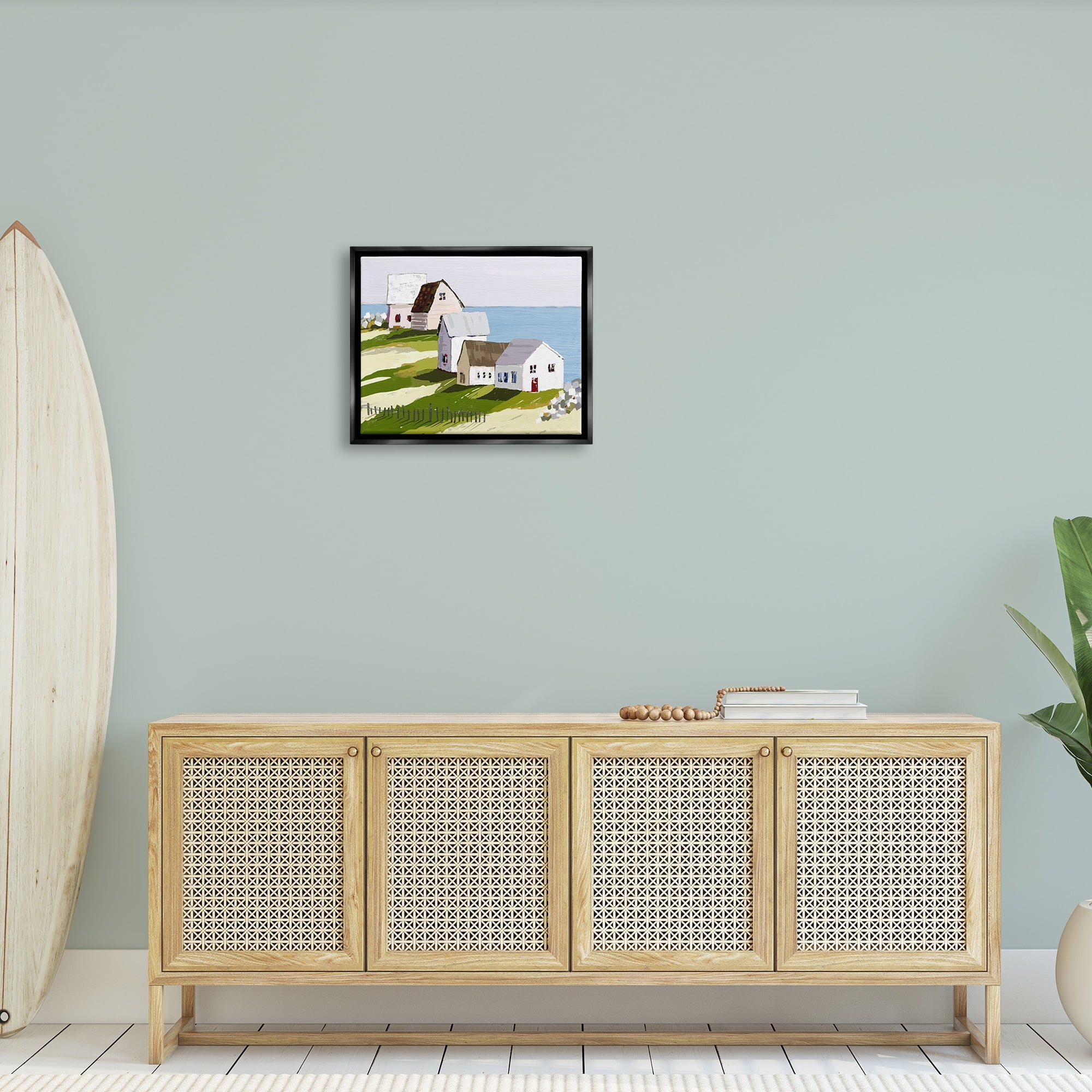 Stupell Industries Quaint Seaside Cottages Overlooking Vast Ocean Landscape Graphic Art Jet Black Floating Framed Canvas Print Wall Art, Design by Tina Finn