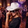 thumbnail image 3 of Western Cowboy Hats for Women Classic Felt Wide Brim Fedora Hat with Belt Buckle Retro Panama Hat Unisex Rolled up Cap White One Size, 3 of 7