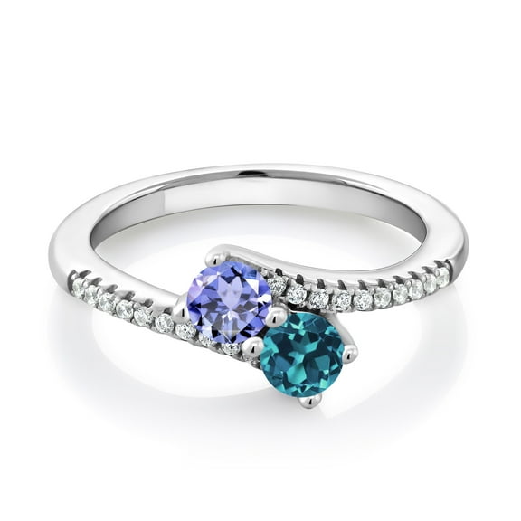 Gem Stone King 925 Sterling Silver Blue Tanzanite and London Blue Topaz Bypass Ring for Women (0.87 Cttw, Gemstone December Birthstone, Round 4MM, Size 5)