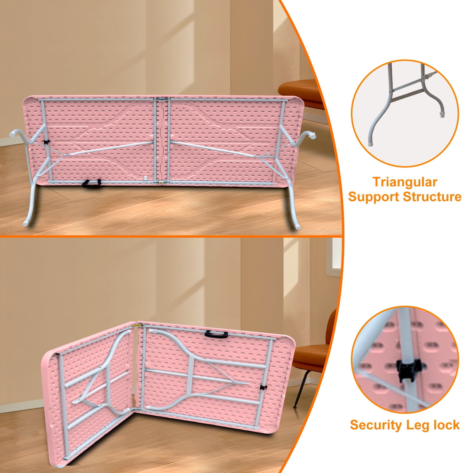 8ft Pink Portable Folding Plastic Table, Waterproof Easy Clean HDPE Tabletop with Steel Frame, Stable Triangular Support Foldable Table for Camping Picnic Party Indoor Outdoor Use