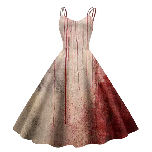Women's Fashionable Retro Halloween Funny Printed Strap Casual Long Dress (4)Khaki XXL