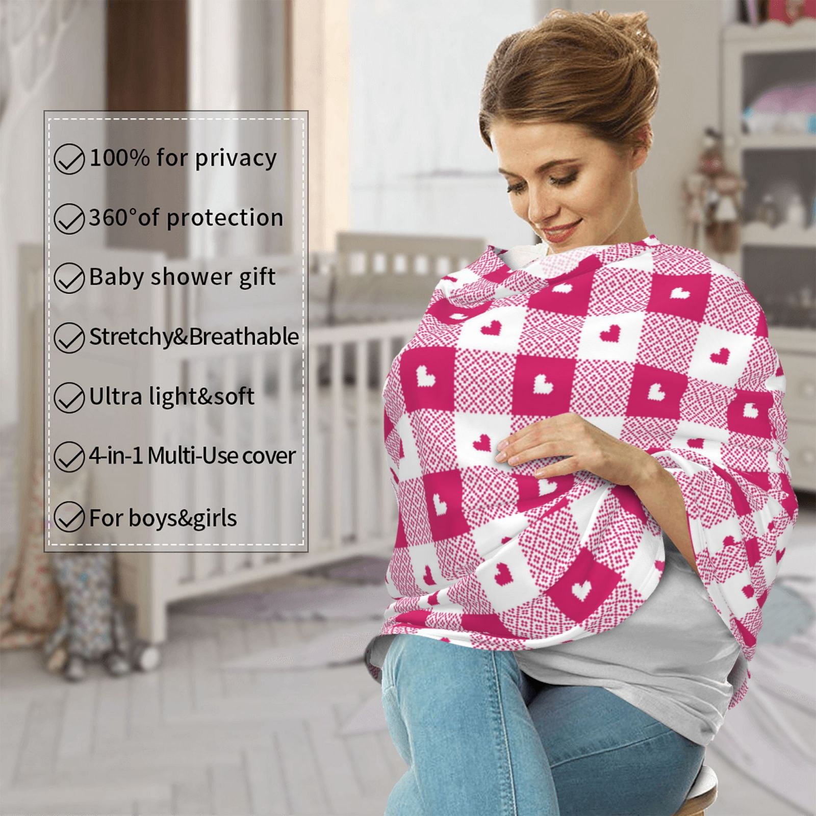 Fotbe Plaid Heart Pattern Car Seat Covers for Babies, Nursing Breastfeeding Cover Infant Carseat Canopy, Soft Stretchy Carrier Cover