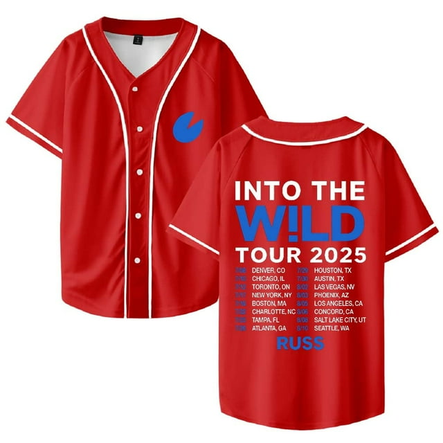 Russ Into The Wild Tour 2025 Merch Maillot de Baseball Col en V Femmes Hommes Manches Courtes Mode Urbaine Vêtements,2TG,Rouge