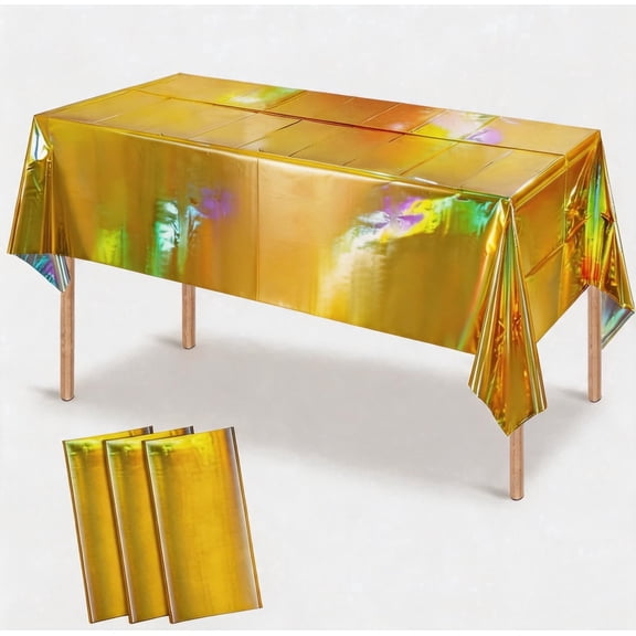 Iridescent Plastic Tablecloths 3 Pack Disposable Laser Foil Table Covers Rectangular 54 x 108 Inch Gold